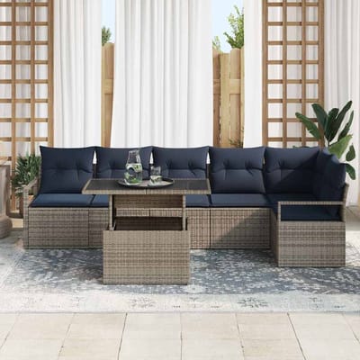 vidaXL - Tuinbank - Set - 7 - st - 6-Aantal - zitplaatsen - Grijs - en - Marineblauw