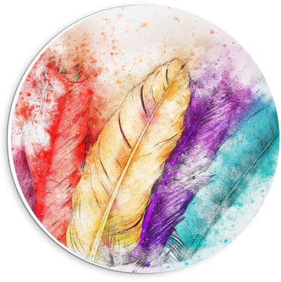 Forex Wandcirkel - Schildering van Gekleurde Veren op Witte Achtergrond  - 20x20cm Foto op Wandcirkel (met ophangsysteem)