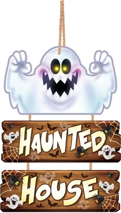 Fiestas Guirca - Houten Halloween deurbord haunted house - 3 delen - x cm - Halloween - Halloween Decoratie - Halloween Versiering