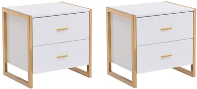 Vente-unique Set van 2 nachtkastje met 2 lades - MDF - Wit gelakt en goud - OMBRELIA