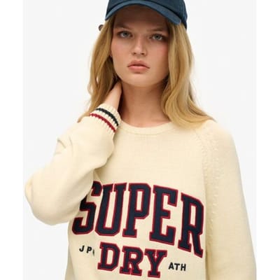 Superdry Wijdvallende Gebreide Trui met Tekst en Ronde Hals Wit Grootte: 40