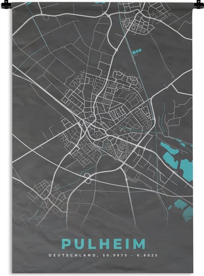 Wandkleed - Wanddoek - Kaart – Plattegrond – Stadskaart – Pulheim – Duitsland – Blauw - 120x180 cm - Wandtapijt