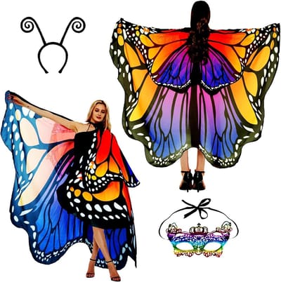 Vrouwelijk vlinder kostuum met vleugels en accessoires voor carnaval - cape, gezichtsmasker en antenneset