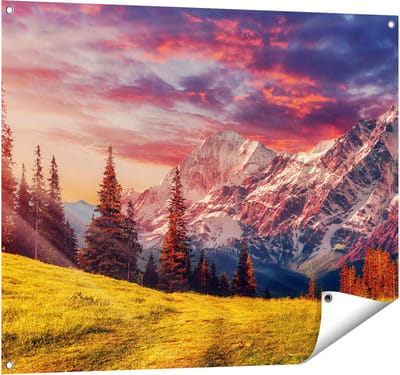 Gards Tuinposter Alpen Landschap met een Kleurrijke Hemel - 100x80 cm - Tuindoek - Tuindecoratie - Wanddecoratie buiten - Tuinschilderij