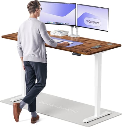 Desktronic HomePro Zit-sta Bureau Elektrisch In Hoogte Verstelbaar, 180x80 cm Massief Notenhout/Wit, Stille Dubbele Motor, Hoogte 62-126cm