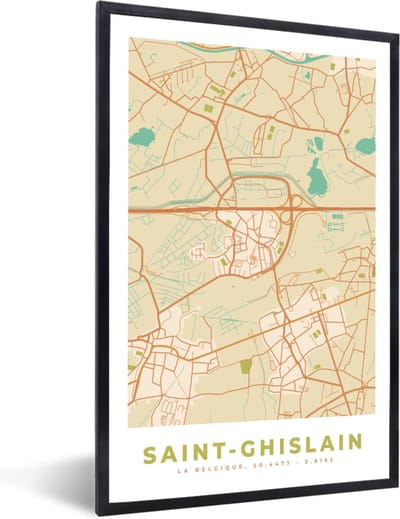 Fotolijst incl. Poster - Plattegrond - Kaart - Vintage - Stadskaart - Saint-Ghislain - 40x60 cm - Posterlijst