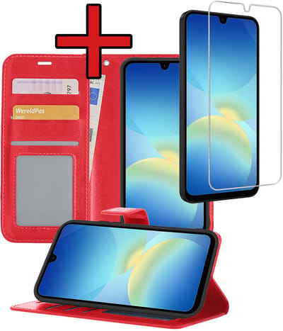 Hoesje - Met Screenprotector - Geschikt voor Samsung Galaxy A26 - Luxe Pasjeshouder - Flipcase - Bookcase Portemonee - Flip Case - Kunstleer Book Case - Book Cover - Walletcase - Portemonneehoes - Telefoonhoes - Rood