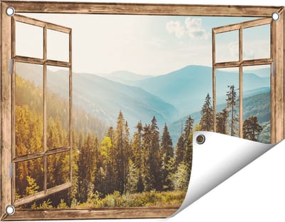 Gards Tuinposter Doorkijk Bos met Bomen in de Hoge Bergen - 60x40 cm - Tuindoek - Tuindecoratie - Wanddecoratie buiten - Tuinschilderij