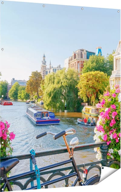 Gards Tuinposter Amsterdamse Kanaal met Bloemen - 120x160 cm - Tuindoek - Tuindecoratie - Wanddecoratie buiten - Tuinschilderij