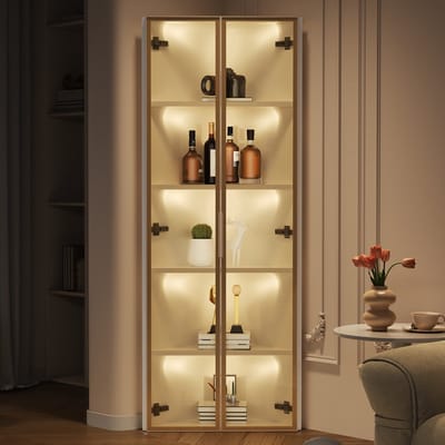 REDOM - Hoekvitrine - Geintegreerde LED-verlichting - Soft-close scharnieren - Moderne stijl - Woonkamer - MDF en veiligheidsglas - Wit - 62 x 35 x 160 cm