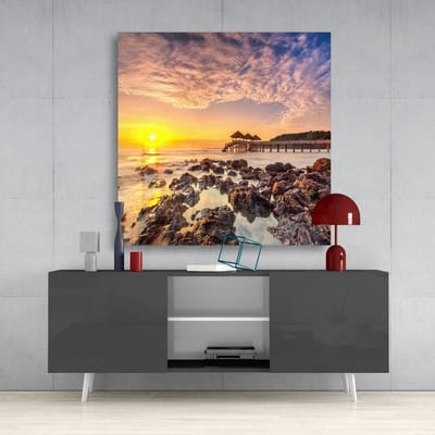 Vierkant Glasschilderij – Zonsondergang aan de Oceaan met Steiger - 40x40 cm