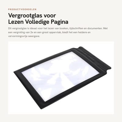 Dailygoods- Vergrootglas 3x - Draagbaar - PVC-lens - Zwart Vinylframe - 30,5 x 19,5 cm - Vervormingsvrije vergroting - Vergrootblad