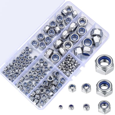 200 stuks BorgmoerenassortimentEdelstalen Zelfborgende Moeren, M3 M4 M5 M6 M8 M10 M12 Draadinzetstukken Zeskantmoeren Set, Diverse Nylon-Borgmoeren