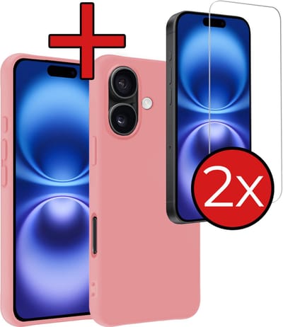 Hoesje - Met 2x Screenprotector - Geschikt voor Apple iPhone 16 - Sterk & Shockproof - Telefoon Hoes - Back Cover - Siliconen Case - Telefoonhoes - Lichtroze