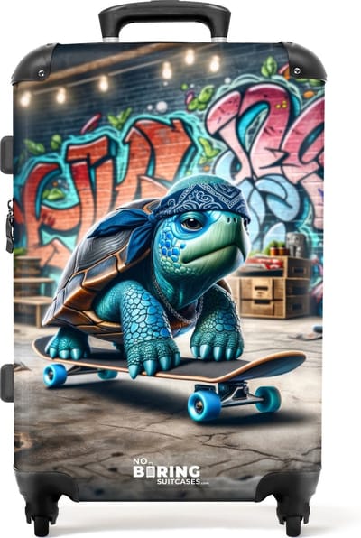 NoBoringSuitcases.com® - Kinderkoffer jongen - Kindertrolley jongens - Schildpad op een skateboard - Koffer kind groot - Rolkoffer lichtgewicht - Reiskoffer met 4 wielen - Grote trolley XL - 20 kg bagage