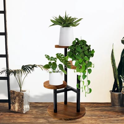 3-laags 55 cm plantenstandaard hoge metalen houten plankhouder voor binnen buiten displayrek - bloempot standaard voor hoek woonkamer balkon tuin terras - 3 lagen