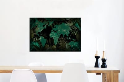 Aluminium schilderij 90x60 cm - Wanddecoratie metaal - Wereldkaart - Groen - Bladeren - Metalen muurdecoratie woonkamer - Decoratie industrieel - Foto op dibond - Industriële accessoires slaapkamer