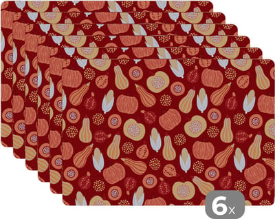 Placemat - Placemats kunststof - Pompoen - Maïs - Herfst - Patronen - 45x30 cm - 6 stuks - Hittebestendig - Anti-Slip - Onderlegger - Afneembaar