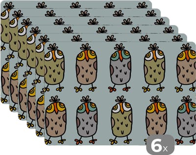 Placemat - Placemats kunststof - Patronen - Uil - Blauw - 45x30 cm - 6 stuks - Hittebestendig - Anti-Slip - Onderlegger - Afneembaar