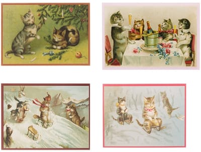 Nostalgische kerstkaarten - 4 stuks - Franz_Josef - Klassieke Vintage afbeeldingen - Winter - Sneeuw - Feestelijk - Jaarwisseling - Oude Brocante kerstkaarten 15X10,5 en 14X9