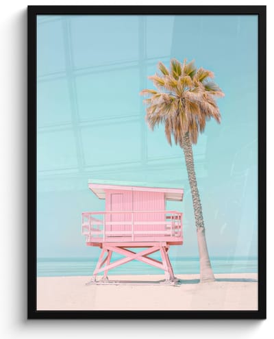 Poster in lijst - Fotolijst 50x70 cm - Posters - Palmboom - Strandhuis - Roze - Posterlijst zwart - Decoratie - Wanddecoratie woonkamer - Muurdecoratie slaapkamer