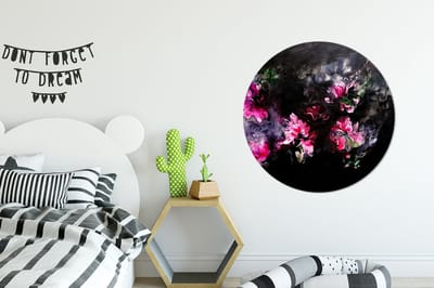 WallCircle® - Behangcirkel 100x100 cm - Muurstickers Bloemen - Kunst - Verf - Roze - Zwart - Muurcirkel woonkamer - Wandcirkel slaapkamer - Kamer decoratie zelfklevend - Muurdecoratie accessoires XXL