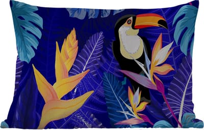 Buitenkussens - Tuin - Jungle - Toekan - Bloemen - Planten - Kinderen - Paars - Dieren - 50x30 cm