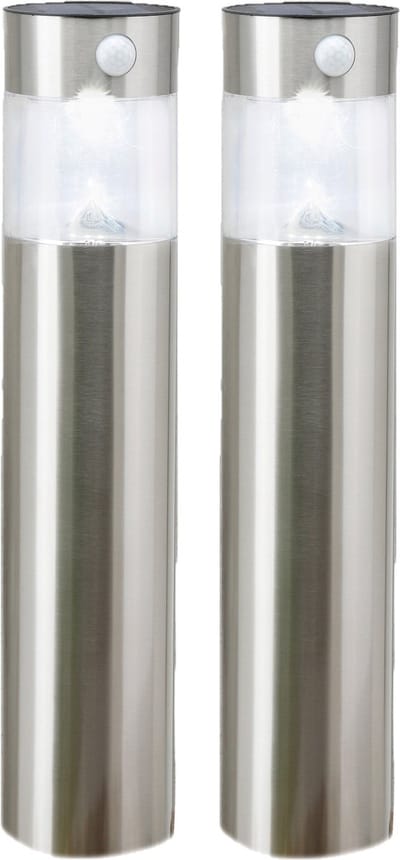 Hi Solar tuinlamp/prikspot pilaar - 2x - zilver - RVS - 50 cm - zonne energie met bewegingssensor