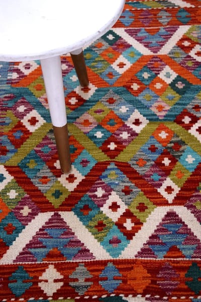 Kleurrijk Tapijt Laagpolig Handgeweven Wollen Vloerkleed - Koho Afghan Kelim 109x85 - 109x85cm- Modern - Woonkamer - Salon - Slaapkamer - Eetkamer