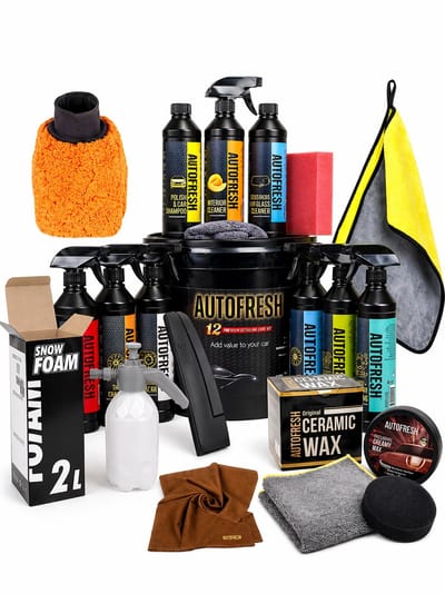 AutoFresh Ultimate Premium Auto Was & Detailing Set – Inclusief Carnauba Wax, Wateraftrekker, Zeemleer, Drukspuit met Foam Gun & Applicatiespons – Complete 20+ Delige All-in-One Bundle – Professionele Reiniging, Drogen & Bescherming
