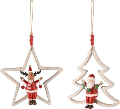 Dekoratief | Hanger boom/ster m/santa/rendier, hout, 13x4x12cm, set van 2 stuks | A245806