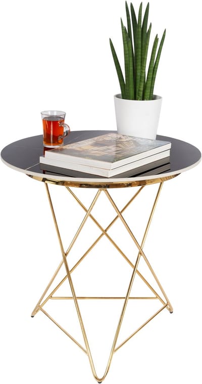 Casamoda Bijzettafel - Salontafel - Gouden Frame - Marmer - Stenen Tafelblad Rond - Zijtafel - L60 x B60 x H61 cm - Zwart
