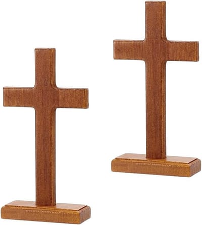Set van 2 Houten Staande Kruisen, 3.5 x 9 x 17.5cm Decoratieve Figuren voor Thuis, Kerk en Kantoor, Ideaal als Versiering en Speelgoed