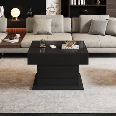 MODFU Salontafel - Draaibaar En In Hoogte Verstelbaar - Modern - Voor Woonkamer - Spaanplaat - Zwart - 70 X 70 X 45 Cm