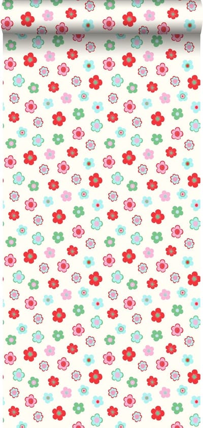 ESTAhome behang vintage bloemetjes lichtblauw, groen en rood - 53 cm x 10.05 m - 138726