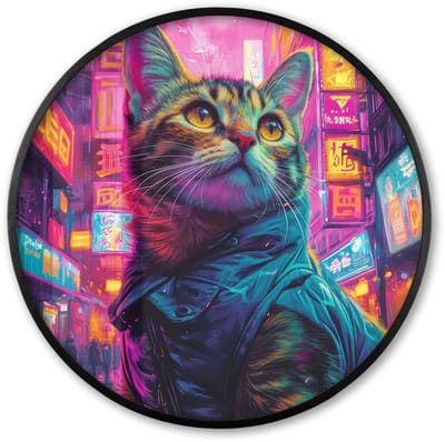 Poster in lijst Rond - Fotolijst 60x60 cm - Posters - Kat - Pop art - China - Neon - Stad - Ronde posterlijst zwart - Decoratie - Wanddecoratie woonkamer - Muurdecoratie slaapkamer