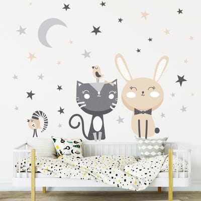 Muurstickers - Kat, konijn en vogels in het maanlicht - Zelfklevende stickers - 95x70cm
