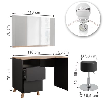Vicco Karen Kaptafel set met kruk – 110 cm met kruk en LED-feeverlichting Antraciet/Artisan