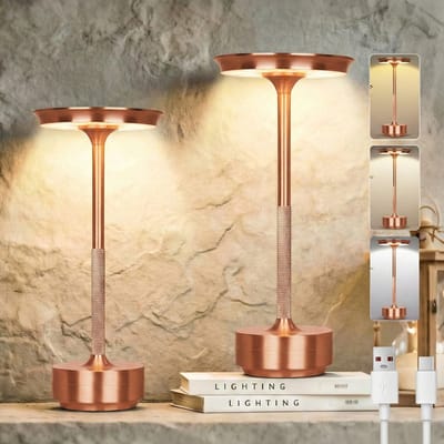 Rosnek Set van 2 - Oplaadbare Tafellampen Rosé Goud - Koper Look - Dimbaar - Draadloos - Waterdicht - Modern Woonaccessoire - Voor Binnen/Buiten