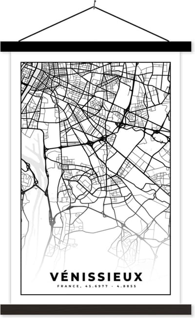 Posterhanger incl. Poster 40x60 cm - Schoolplaat - Vénissieux - Plattegrond - Kaart - Frankrijk - Stadskaart - Zwart wit - Textielposter - Zwarte latten - Stadskaart