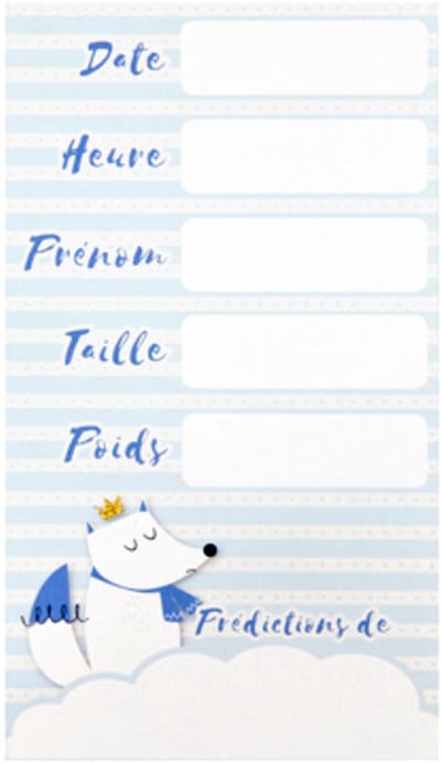 HOBI - 6 blauwe baby shower voorspellingskaarten 7 x 12,5 cm met wit vossenmotief