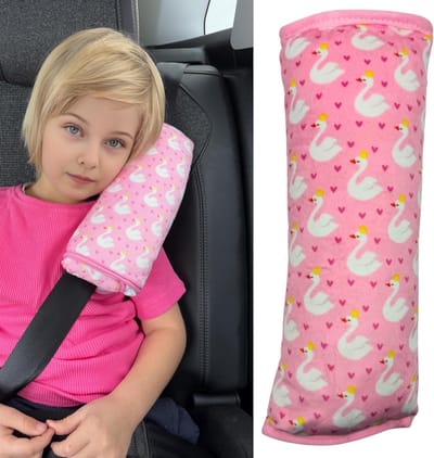 Famanu – Zacht autogordelkussen - machinewasbaar gordelbeschermkussen voor auto en reizen - 30 x 12 cm - zwaan