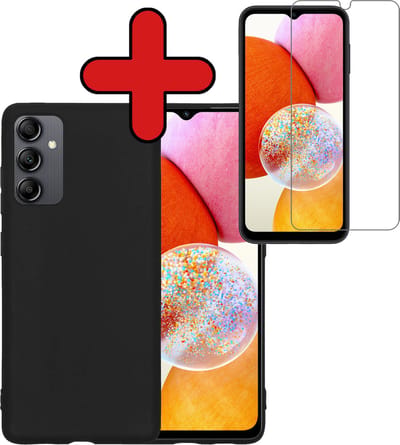 Hoesje - Met Screenprotector - Geschikt voor Samsung Galaxy A14 - Sterk & Shockproof - Telefoon Hoes - Back Cover - Siliconen Case - Telefoonhoes - Zwart