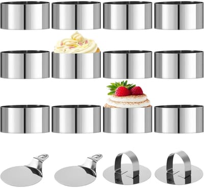 GELLDG 12 stuks mousse- en taartringen - Dessert- en voedselringenset - Roestvrij staal - 8 cm diameter - Inclusief 2 bodems en 2 deksels - Perfect voor het maken van koekjes, donuts en taarten