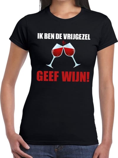 Ik ben de vrijgezel geef wijn! t-shirt zwart dames - feest shirts dames - vrijgezellenfeest kleding XS