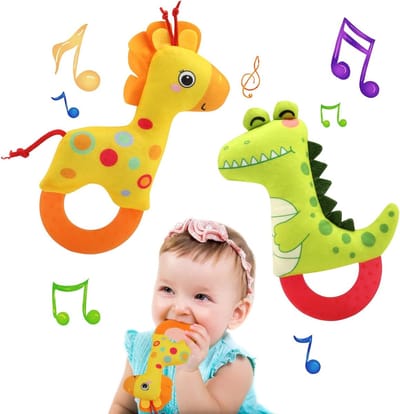 2 Stuks Baby Rammelaars voor 0-12 Maanden, Giraffe en Krokodil, Zachte Rammelaar en Bijtring, Educatief Speelgoed voor Pasgeborenen en Sensomotorische Ontwikkeling
