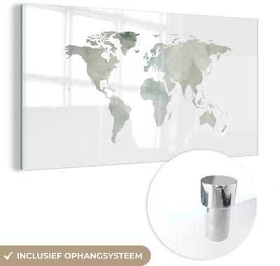 ® Glasschilderij 120x60 cm - Schilderij acrylglas - Wereldkaart - Waterverf - Wit - Foto op glas - Muurdecoratie woonkamer - Wanddecoratie slaapkamer - Schilderijen