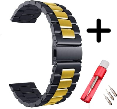 Strap-it RVS stalen schakel bandje - Geschikt voor Samsung Galaxy Watch 7 (40 & 44mm) / Galaxy Watch 6 (Classic) / Galaxy Watch 5 / 5 Pro / Galaxy Watch 4 (Classic) / Watch FE - bandje metaal voor Galaxy Watch 4-5-6 - zwart/goud + inkort toolkit