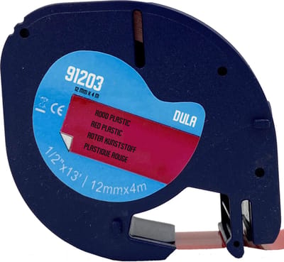 DULA - Dymo LetraTag 91203 - S0721630 - Label Tape - Zwart op Rood plastic - 12mm x 4m - 1 Stuk