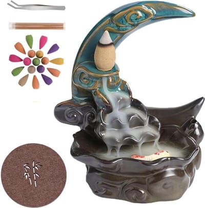 Keramische wierookbrander met terugstroom - Inclusief 30 wierookkegels en 30 stokjes - Wooncultuur yoga-studio (blauw) wierookbrander met zeef